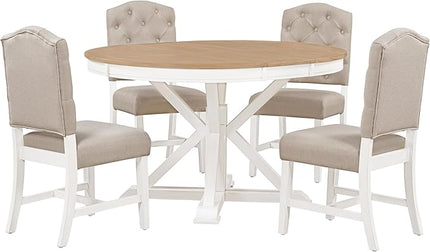 5-Piece Retro Style Dinette Sets with Round Extendable Kitchen Dining Table, 4 Upholstered Chairs, for Diningroom Living Room, Easy to Assemble, Oak Natural Wood + OFF White - LeafyLoom