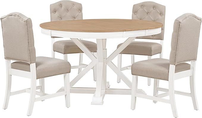 5-Piece Retro Style Dinette Sets with Round Extendable Kitchen Dining Table, 4 Upholstered Chairs, for Diningroom Living Room, Easy to Assemble, Oak Natural Wood + OFF White - LeafyLoom