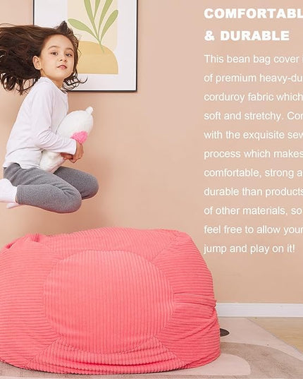 Stuffed Animal Storage Bean Bag Chair Cover for Kids, 38" Beanbag Chairs Cover Plush Toys Organizer Super Soft Corduroy with Handle and Zipper for Boys and Girls - Pink - LeafyLoom