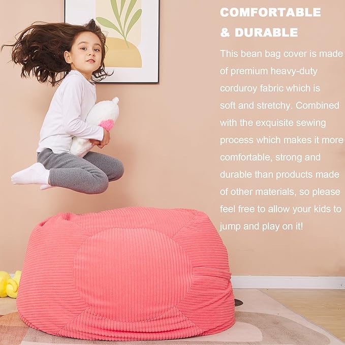 Stuffed Animal Storage Bean Bag Chair Cover for Kids, 38" Beanbag Chairs Cover Plush Toys Organizer Super Soft Corduroy with Handle and Zipper for Boys and Girls - Pink - LeafyLoom