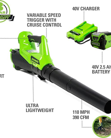 Greenworks 40V (110 MPH / 390 CFM) Cordless Axial Blower, 2.5Ah Battery and Charger Included - LeafyLoom