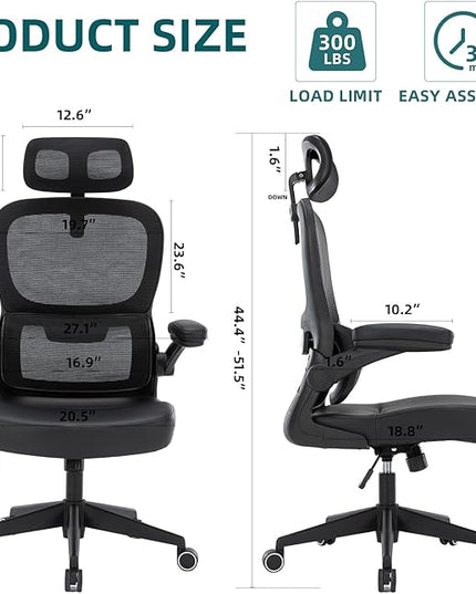 Home Office Chair High Back Computer Desk Chair Ergonomic Task Chair Executive Chair with Lumbar Support Recliner Chair with Adjustable Headrest,Flip-up Armrests (Black with Nylon Base) - LeafyLoom