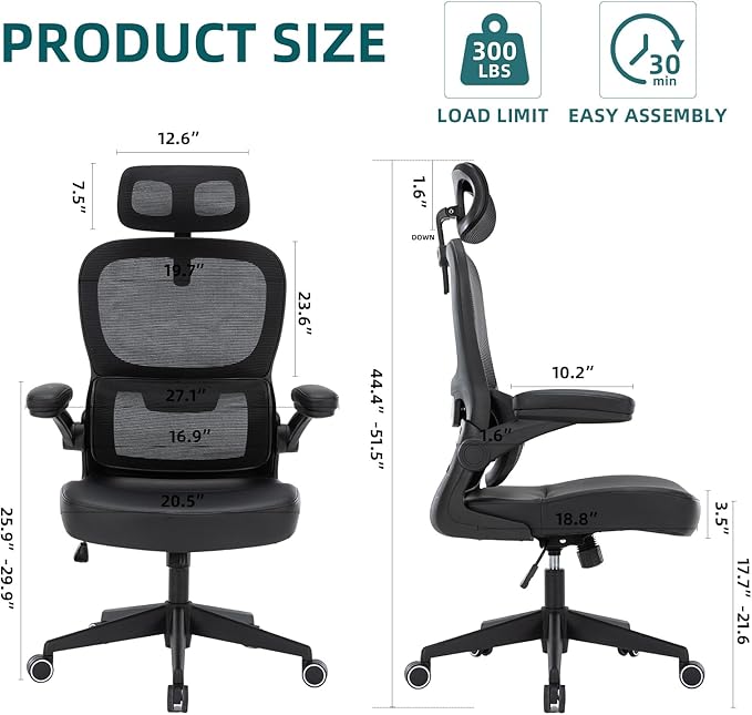 Home Office Chair High Back Computer Desk Chair Ergonomic Task Chair Executive Chair with Lumbar Support Recliner Chair with Adjustable Headrest,Flip-up Armrests (Black with Nylon Base) - LeafyLoom