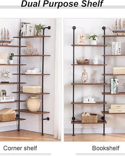 HOMBAZAAR Bookshelf,10-Tier L Shaped, Industrial Double Wide Wall Mount, Modern Bookcase with Metal Frame and Wood, Industrial Corner Pipe Shelf for Living Room and Office, Brown - LeafyLoom