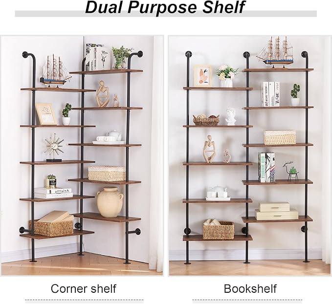HOMBAZAAR Bookshelf,10-Tier L Shaped, Industrial Double Wide Wall Mount, Modern Bookcase with Metal Frame and Wood, Industrial Corner Pipe Shelf for Living Room and Office, Brown - LeafyLoom