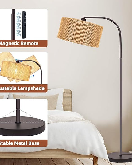 Boho Floor Lamp with Dimmable Bulb Nartual Rattan Adjustable Lampshade, Bronze Rustic Farmhouse Floor Lamps for Living Room, Bedroom, Office, Classroom - LeafyLoom