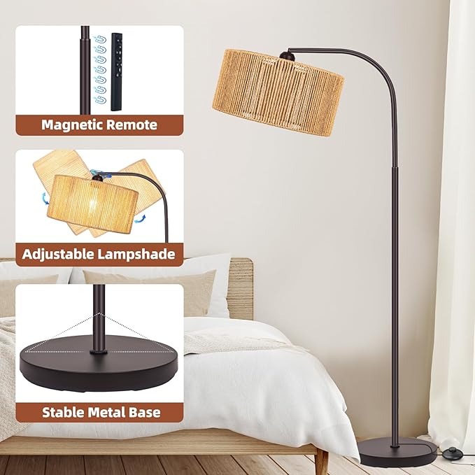 Boho Floor Lamp with Dimmable Bulb Nartual Rattan Adjustable Lampshade, Bronze Rustic Farmhouse Floor Lamps for Living Room, Bedroom, Office, Classroom - LeafyLoom