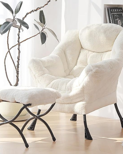 Plush Lazy Chair and Ottoman, Large Contemporary Accent Lounge Chair with Armrests and a Side Pocket, Modern Leisure Upholstered Sofa Reading Armchair with Footrest for Bedroom, Living Room - LeafyLoom