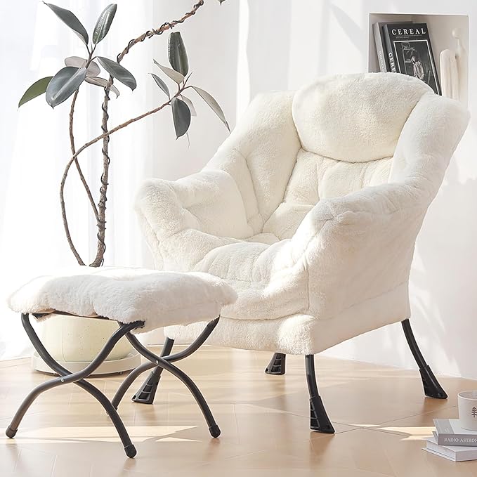 Plush Lazy Chair and Ottoman, Large Contemporary Accent Lounge Chair with Armrests and a Side Pocket, Modern Leisure Upholstered Sofa Reading Armchair with Footrest for Bedroom, Living Room - LeafyLoom