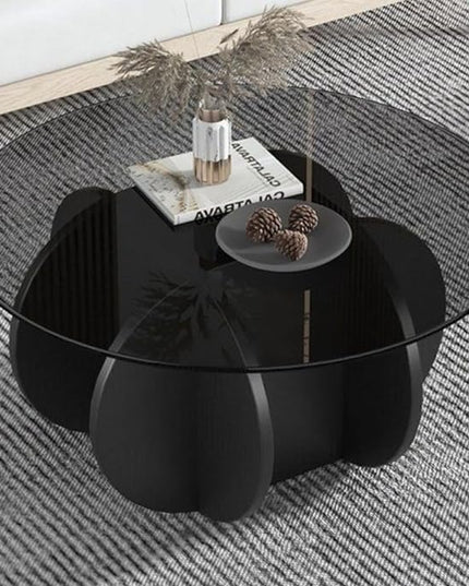 Black Coffee Table, 31.5" Round Glass Coffee Table for Living Room Mid Century Modern Coffee Table Unique Center Table with Wood Base Circle Coffee Ta - LeafyLoom