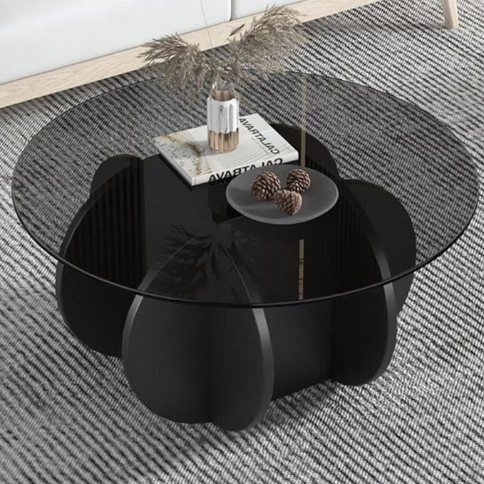 Black Coffee Table, 31.5" Round Glass Coffee Table for Living Room Mid Century Modern Coffee Table Unique Center Table with Wood Base Circle Coffee Ta - LeafyLoom