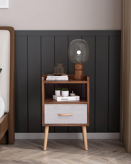 LUCKNOCK NightStand with Fabric Drawer, Bedside Table with Solid Wood Legs, Minimalist and Practical End Side Table with Open Storage Shelf for Bedroom, Rustic Brown. - LeafyLoom
