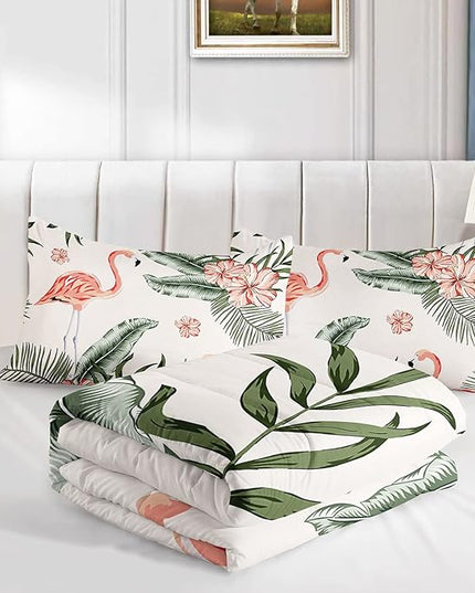Flamingo Comforter Set Full Size Tropical Flamingo Palm Tree Leaf Pattern Bedding Set Flower Quilted Duvet for Kids Girls Boys Adult with 1 Comforter and 2 Pillowcases - LeafyLoom