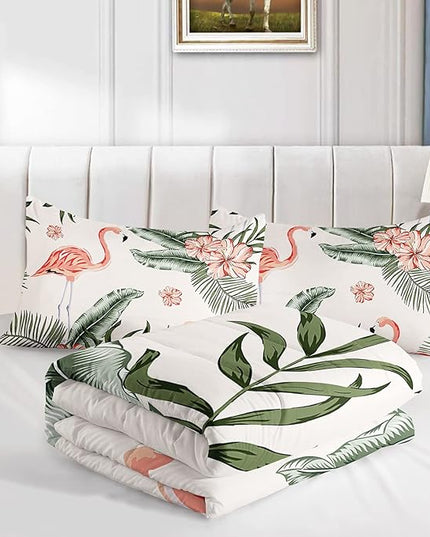 Flamingo Comforter Set Queen Size Tropical Flamingo Palm Tree Leaf Pattern Bedding Set Flower Quilted Duvet for Kids Girls Boys Adult with 1 Comforter and 2 Pillowcases - LeafyLoom