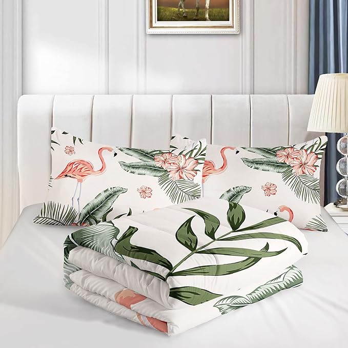 Flamingo Comforter Set Queen Size Tropical Flamingo Palm Tree Leaf Pattern Bedding Set Flower Quilted Duvet for Kids Girls Boys Adult with 1 Comforter and 2 Pillowcases - LeafyLoom