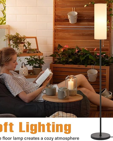 Ambimall Floor Lamp for Living Room with 3 Color Temperatures Bulb, 64" Standing lamp with Linen lampshade for Bedroom, Minimalist Pole Lamp, White Shade & Black Pole - LeafyLoom