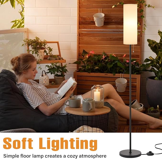 Ambimall Floor Lamp for Living Room with 3 Color Temperatures Bulb, 64" Standing lamp with Linen lampshade for Bedroom, Minimalist Pole Lamp, White Shade & Black Pole - LeafyLoom