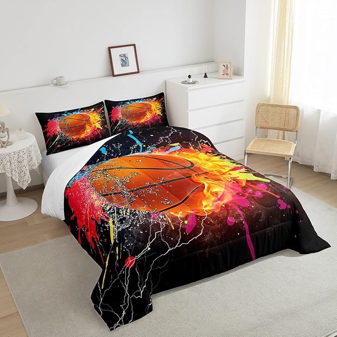 Teen Boys Basketball Bedding Set Kids Sports Comforter Sets Full Soft Lightweight Bedroom Dorm Decor,Red Blue Fire And Water Lightning Ball Duvet Insert,Colorful Grunge Tie Dye Quilt Bedding 3 Pcs - LeafyLoom