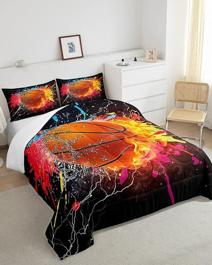 Teen Boys Basketball Bedding Set Twin Kids Sports Comforter Sets Soft Lightweight Bedroom Dorm Decor,Red Blue Fire And Water Lightning Ball Duvet Insert,Colorful Grunge Tie Dye Quilt Bedding 2 Pcs - LeafyLoom