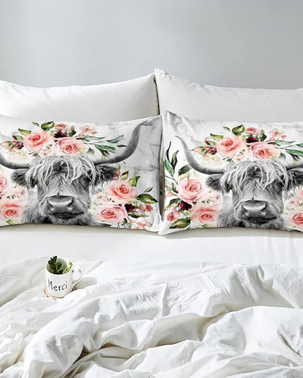 Erosebridal Highland Cow Flower Comforter Set Full Size Bull Cattle Western Funny Animal Bedding Set Wildlife Farmhouse Cow Quilt Set Rose Grey Marble - LeafyLoom