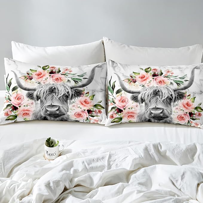 Erosebridal Highland Cow Flower Comforter Set Full Size Bull Cattle Western Funny Animal Bedding Set Wildlife Farmhouse Cow Quilt Set Rose Grey Marble - LeafyLoom