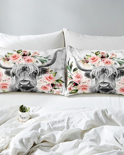 Erosebridal Highland Cow Flower Comforter Set King Size Bull Cattle Bedding Set Western Funny Animal Bedding Set Wildlife Farmhouse Cow Quilt Set Rose Grey Marble Comforter Set - LeafyLoom