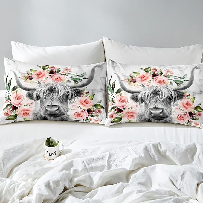 Erosebridal Highland Cow Flower Comforter Set King Size Bull Cattle Bedding Set Western Funny Animal Bedding Set Wildlife Farmhouse Cow Quilt Set Rose Grey Marble Comforter Set - LeafyLoom