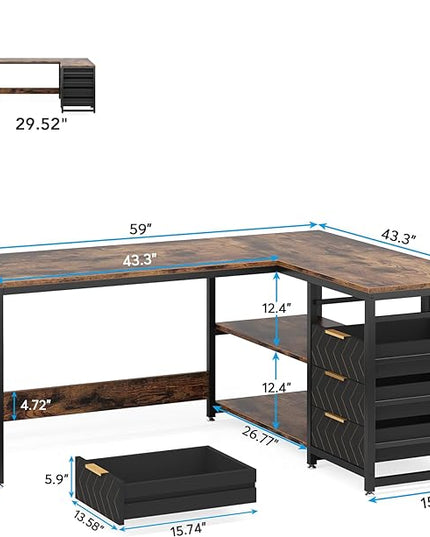 59-Inch L Shaped Desk with Drawers, Large Computer Desk with Storage Shelves, Reversible L-Shaped Corner Desk Workstation for Home Office - LeafyLoom