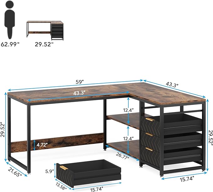 59-Inch L Shaped Desk with Drawers, Large Computer Desk with Storage Shelves, Reversible L-Shaped Corner Desk Workstation for Home Office - LeafyLoom