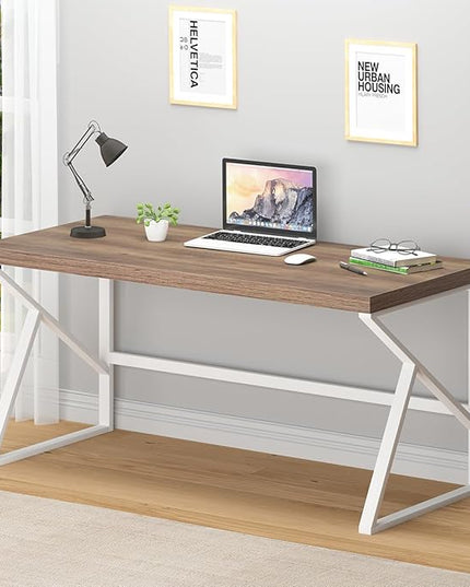 HSH Farmhouse Computer Desk, Large Home Office PC Desk, Modern Simple Metal Wood Desk Workstation for Executive Writing Study, Rustic Long Bedroom Living Room Table, White and Rustic Oak, 60 Inch - LeafyLoom