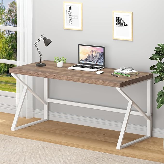 HSH Farmhouse Computer Desk, Large Home Office PC Desk, Modern Simple Metal Wood Desk Workstation for Executive Writing Study, Rustic Long Bedroom Living Room Table, White and Rustic Oak, 60 Inch - LeafyLoom