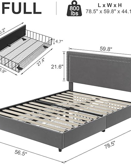 VECELO Full Size Upholstered Platform Bed Frame with 4 Storage Drawers, Adjustable Velvet Rivets Headboard, Wooden Slats Support, No Box Spring Needed, Easy Assembly - LeafyLoom