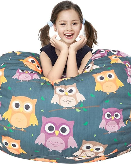 Stuffed Animal Storage Bean Bag Chair Cover, Hold Kids Plush Toys Blankets Towels Beanbag (Cover Only), Canvas Floor Circle Stuff Sit Seat Sofa with YKK Zipper, Extra Large 38", Owl - LeafyLoom