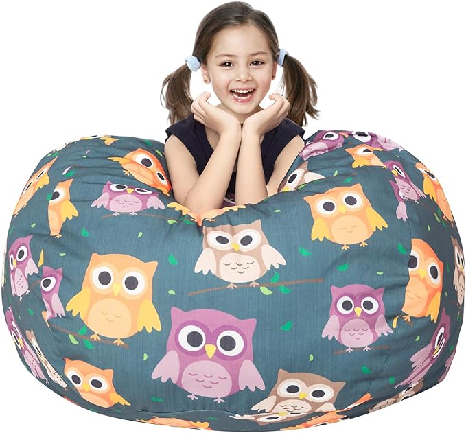 Stuffed Animal Storage Bean Bag Chair Cover, Hold Kids Plush Toys Blankets Towels Beanbag (Cover Only), Canvas Floor Circle Stuff Sit Seat Sofa with YKK Zipper, Extra Large 38", Owl - LeafyLoom