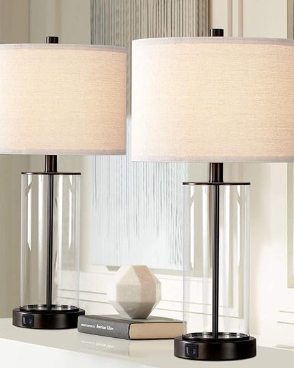 23.5'' Glass Table Lamp Set of 2 for Living Room, 3-Way Touch Control Table Lamps with USB Ports and AC Outlets(Bulbs Included) - LeafyLoom