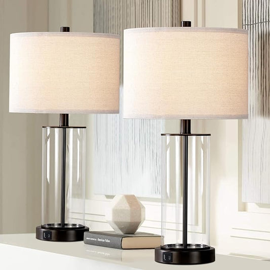 23.5'' Glass Table Lamp Set of 2 for Living Room, 3-Way Touch Control Table Lamps with USB Ports and AC Outlets(Bulbs Included) - LeafyLoom