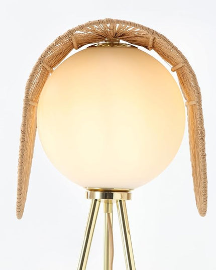 Sovev 62.87 in. Brass Bohemian Floor Lamp for Living Room with Opal Glass Rattan Shade - LeafyLoom