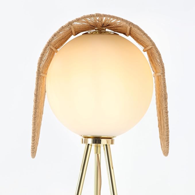Sovev 62.87 in. Brass Bohemian Floor Lamp for Living Room with Opal Glass Rattan Shade - LeafyLoom