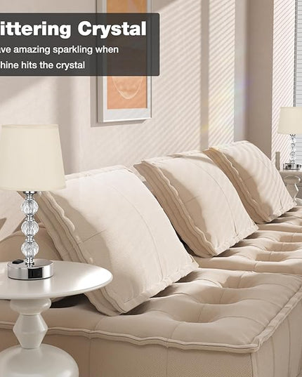 Acaxin Bedside Lamps for Bedrooms Set of 2 Nightstand- Crystal Table Lamps with USB C+A Ports & AC Outlet for Charging, 3 Way Dimmable Touch Silver Small Bed Side Lamp for Living Room/Guest Room - LeafyLoom
