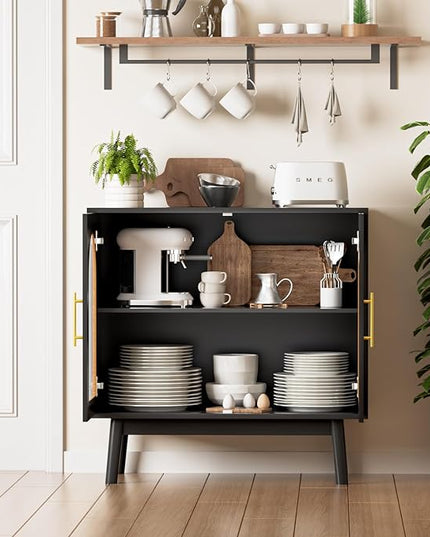 Set of 3 Sideboard Buffet Cabinet, Accent Kitchen Storage Cabinet with Glass Doors, Modern Console Table TV Stand with Adjustable Shelves for Living Room, Dining Room, Black - LeafyLoom