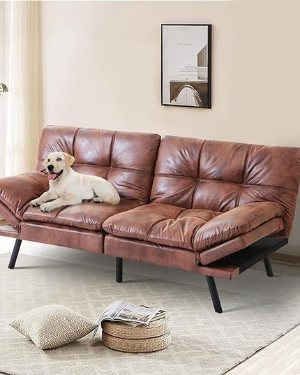 MUUEGM Futon Couch Bed Sleeper Convertible Modern Memory Foam Love seat,Faux Leather Foldable Daybed for Living Room Office Apartment,Adjustable Armrest&Backrest Sofas, Light Brown - LeafyLoom