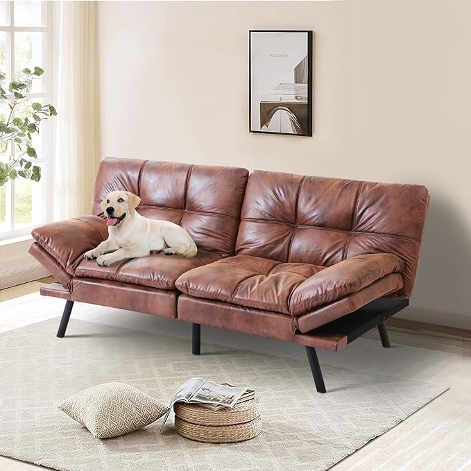 MUUEGM Futon Couch Bed Sleeper Convertible Modern Memory Foam Love seat,Faux Leather Foldable Daybed for Living Room Office Apartment,Adjustable Armrest&Backrest Sofas, Light Brown - LeafyLoom