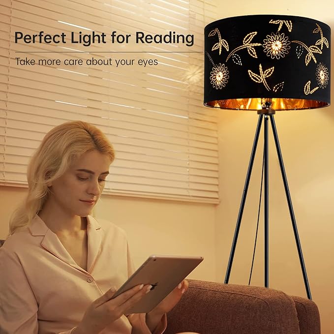 BoostArea Flower Tripod Floor Lamp, Mid Century, 8W LED Bulb, Decorative Lamp Shade, Black Metal Pole, Suitable for Living Room, Bedroom, Study, Office - LeafyLoom