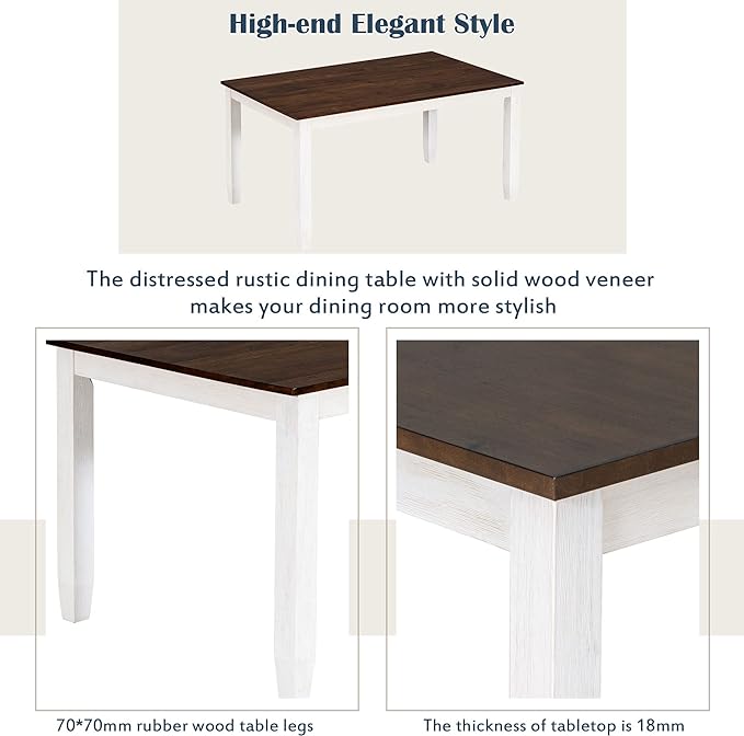 Retro Rustic Style, Including 4 Upholstered Chairs, 1 Bench, Room, Home Bar, and Kitchen,Walnut + Cottage White, 6 Piece Dining Table Set - LeafyLoom