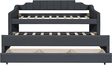 Merax Linen Upholstered Daybed Three Storage Size Wooden Sofa Bed Frame with Backrest and Both Side Armrests for Living, Guest Room, Apartments, Office, Twin with Trundle and Drawers, Grey - LeafyLoom