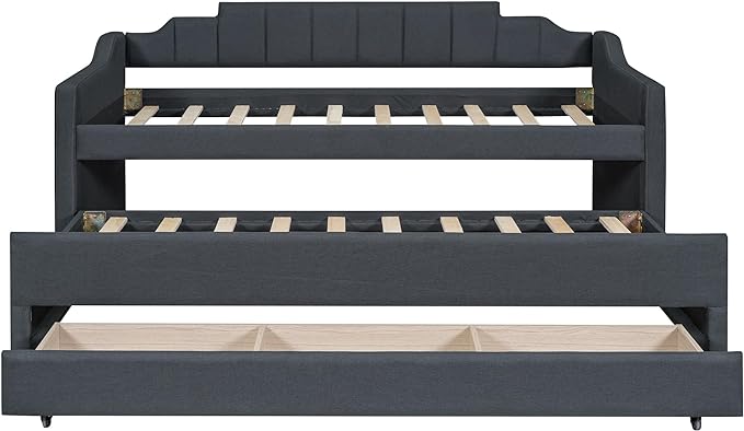 Merax Linen Upholstered Daybed Three Storage Size Wooden Sofa Bed Frame with Backrest and Both Side Armrests for Living, Guest Room, Apartments, Office, Twin with Trundle and Drawers, Grey - LeafyLoom