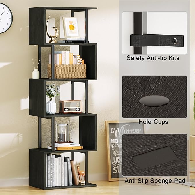 Furologee 6 Tier Bookshelf Tall Geometric Bookcase, S-Shaped Industrial Display Standing Shelf, Metal and Wood Decorative Storage Room Divider Shelves for Bedroom, Living Room, Office, Light Black Oak - LeafyLoom