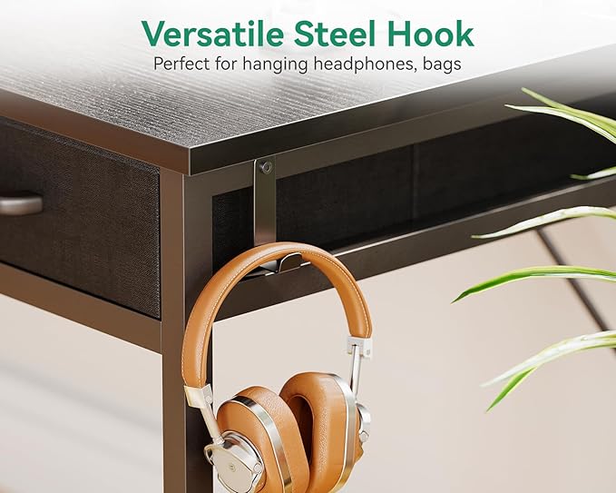 AODK 54 Inch Computer Desk with 3 Fabric Drawers, Office Desk with USB/Type-C Charging Ports & Power Outlets, Vanity Desk with Iron Hook for Bedroom, Study/Writing/Work Table for Bedroom, Black - LeafyLoom