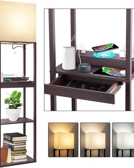 RUNTOP Floor Lamp with Shelves, Modern Standing Lamp with Wireless Charger, 1 Drawer and 2 USB Ports & 2 Power Outlet, 15W LED Bulb 3 Colors, Memory Function, Shelf Lamp for Living Room and Bedroom - LeafyLoom