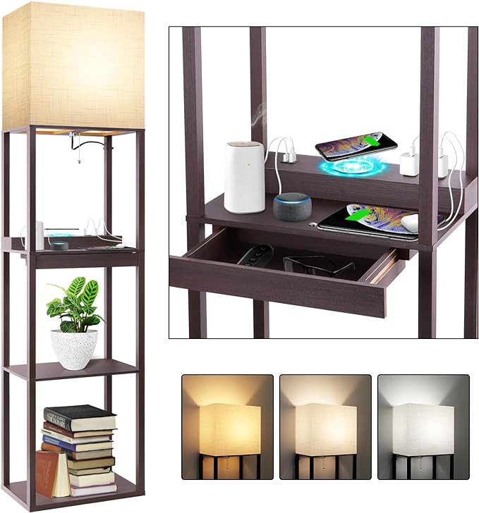 RUNTOP Floor Lamp with Shelves, Modern Standing Lamp with Wireless Charger, 1 Drawer and 2 USB Ports & 2 Power Outlet, 15W LED Bulb 3 Colors, Memory Function, Shelf Lamp for Living Room and Bedroom - LeafyLoom
